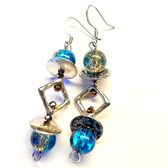 Blue and Brown Beaded Earrings - Picture 1 of 4